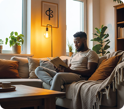 Sala iluminada com luminária e homem lendo